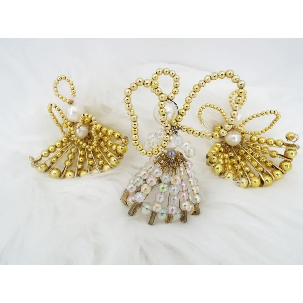 Vintage Handmade Beaded Safety Pin Angel Figurines Ornaments Lot of 5
